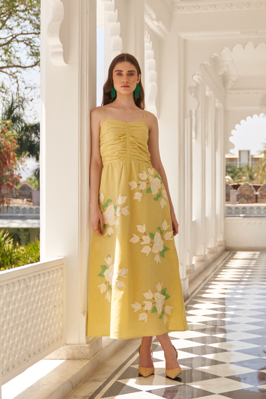 LA FLOR UDAIPUR YELLOW COLOR BOUGAINVILLEA CHUNKY HAND EMBROIDERED LINEN FABRIC MIDI LENGTH STRAPPY DRESS