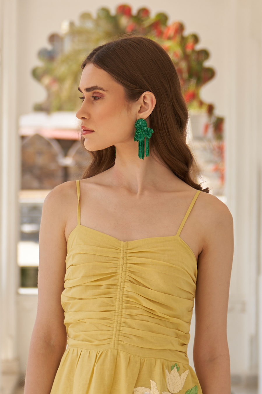 LA FLOR UDAIPUR YELLOW COLOR BOUGAINVILLEA CHUNKY HAND EMBROIDERED LINEN FABRIC MIDI LENGTH STRAPPY DRESS