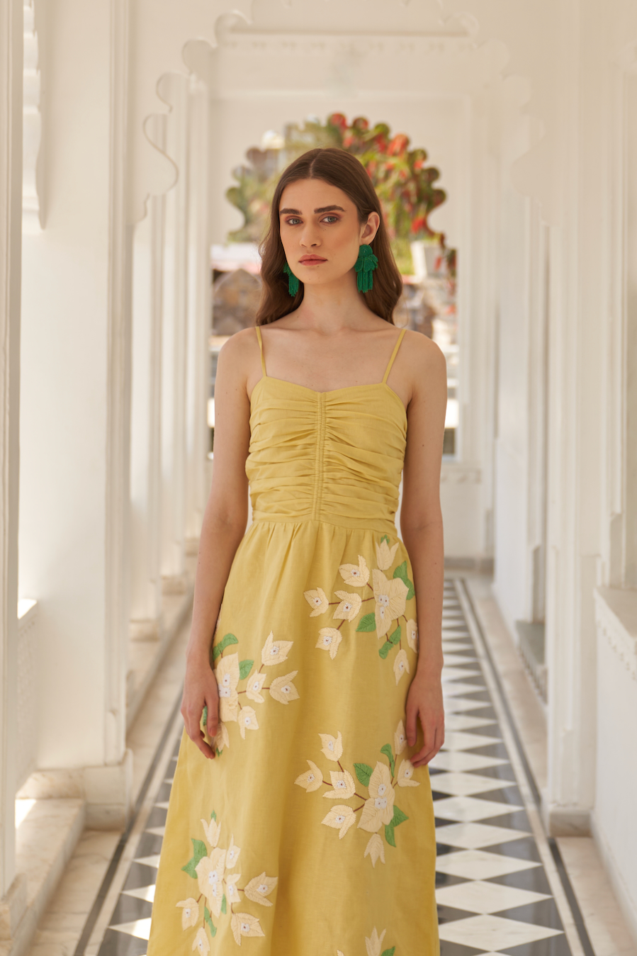 LA FLOR UDAIPUR YELLOW COLOR BOUGAINVILLEA CHUNKY HAND EMBROIDERED LINEN FABRIC MIDI LENGTH STRAPPY DRESS
