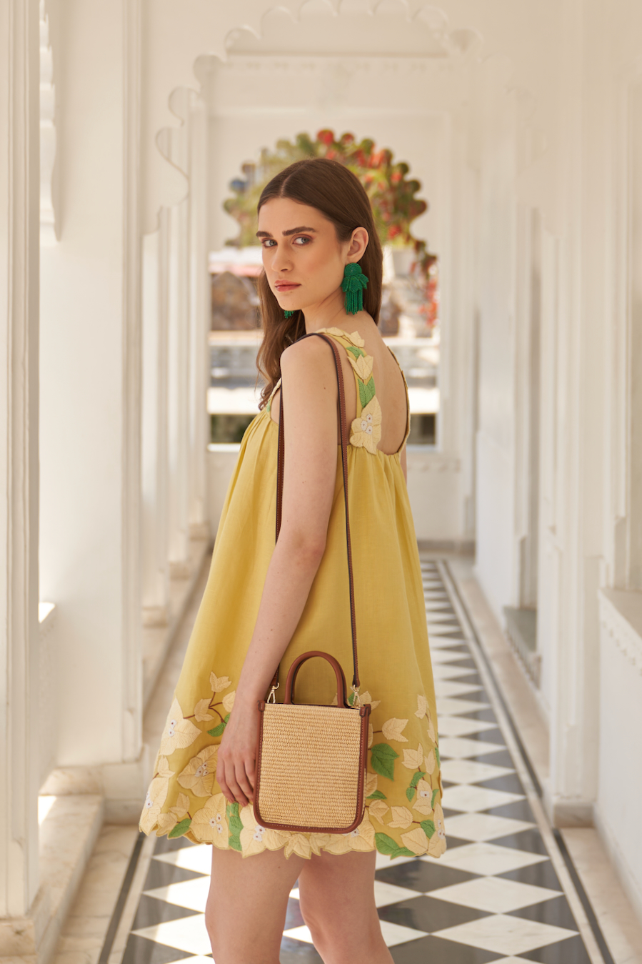LA FLOR UDAIPUR YELLOW COLOR BOUGAINVILLEA CHUNKY HAND EMBROIDERED LINEN FABRIC KNEE LENGTH SLEEVELESS DRESS