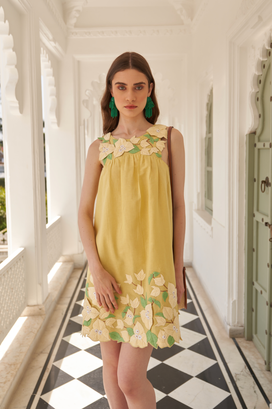 LA FLOR UDAIPUR YELLOW COLOR BOUGAINVILLEA CHUNKY HAND EMBROIDERED LINEN FABRIC KNEE LENGTH SLEEVELESS DRESS