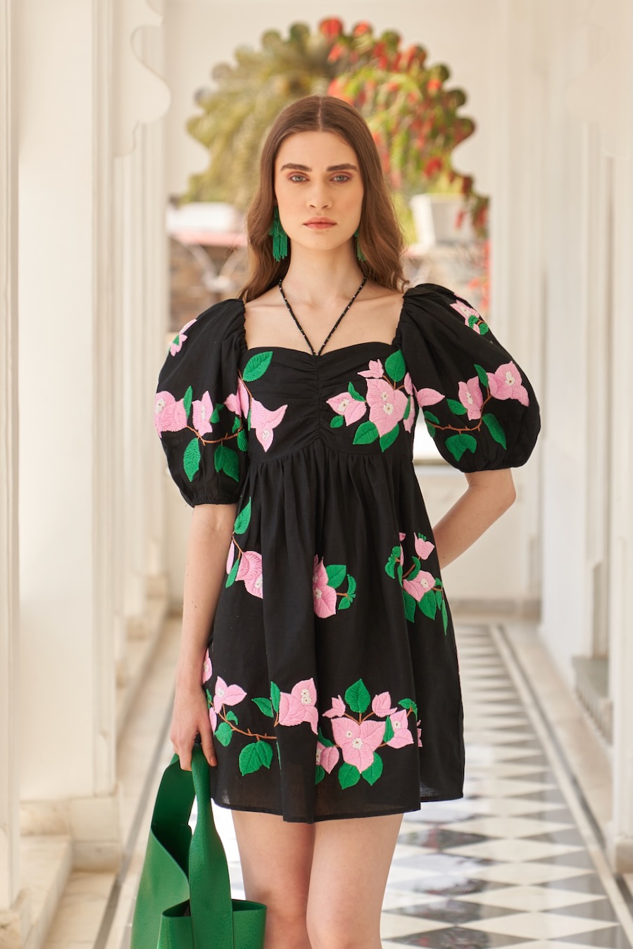 LA FLOR BLACK COLOR BOUGAINVILLEA ALL OVER CHUNKY HAND EMBROIDERED THIGH LENGTH LINEN FABRIC DRESS