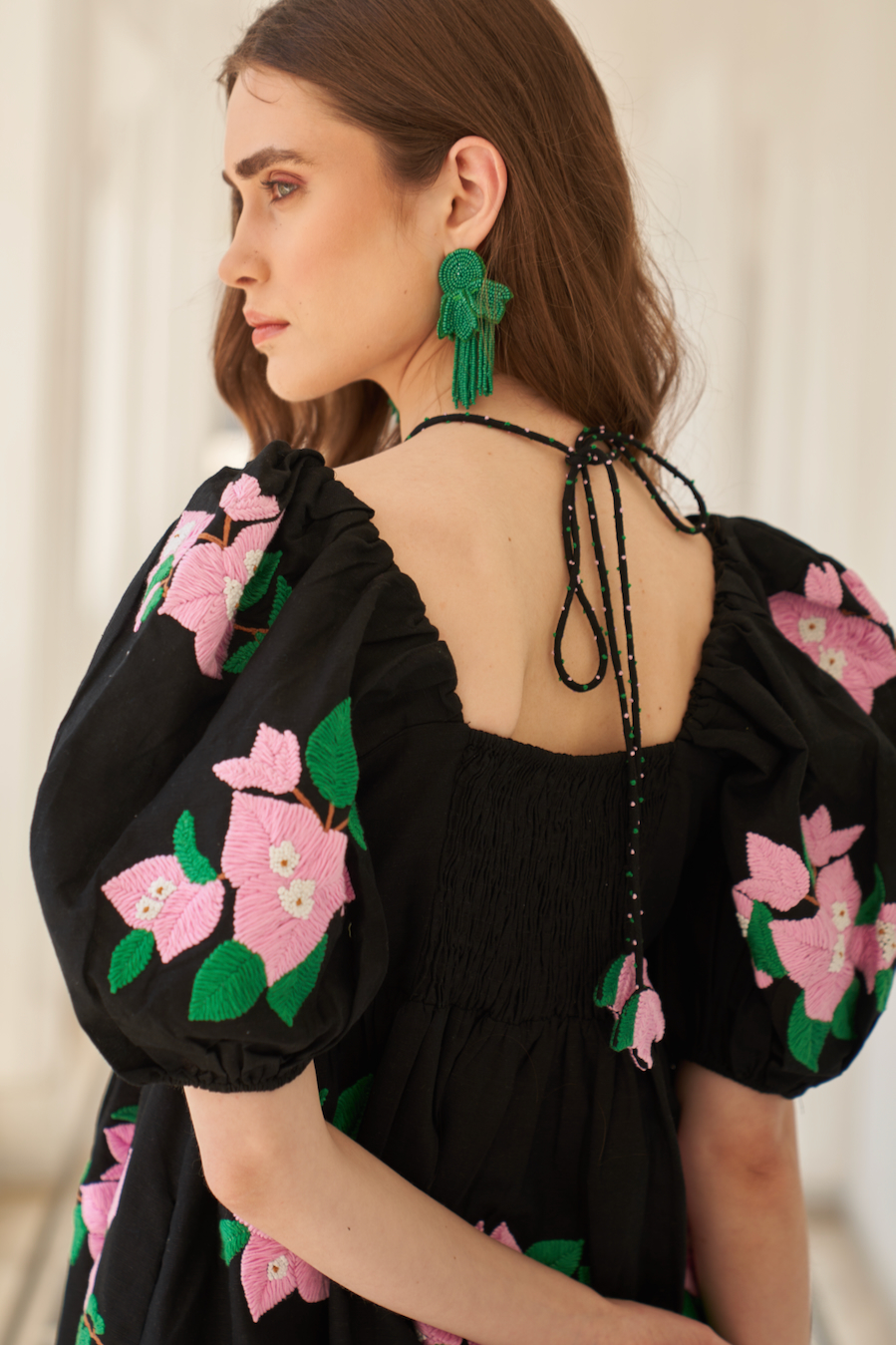 LA FLOR BLACK COLOR BOUGAINVILLEA ALL OVER CHUNKY HAND EMBROIDERED THIGH LENGTH LINEN FABRIC DRESS