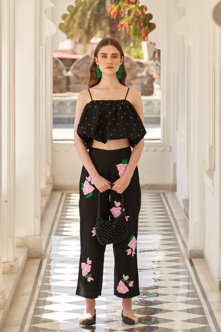 LA FLOR BLACK COLOR LINEN FABRIC CROPPED LENGTH BALLOON TOP WITH HAND CRAFTED KNOT EMBROIDERY ALL OVER