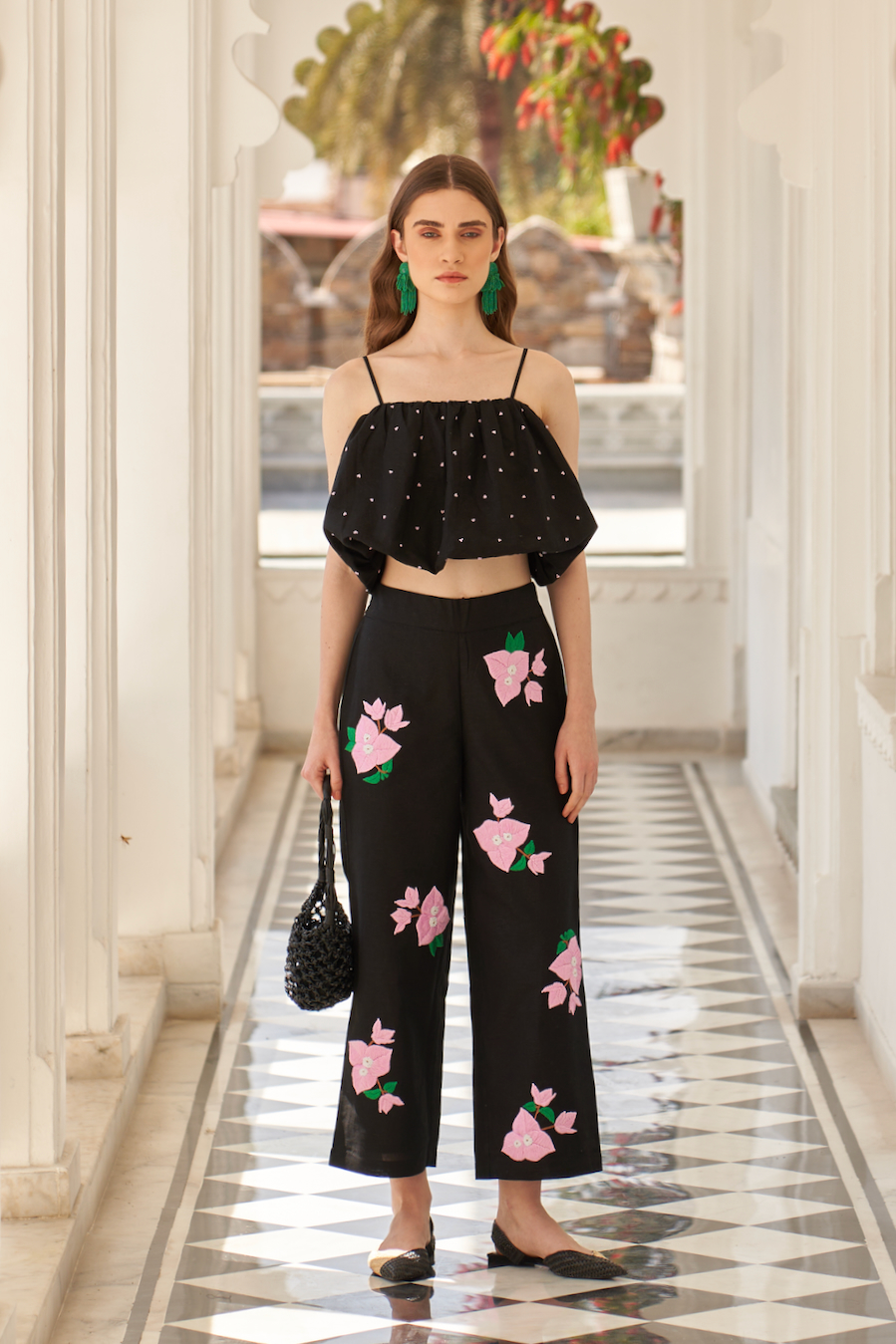 LA FLOR BLACK COLOR LINEN KNOT EMBROIDERY CROP BALLOON TOP WITH BOUGAINVILLEA CHUNKY HAND EMBROIDERED PANTS