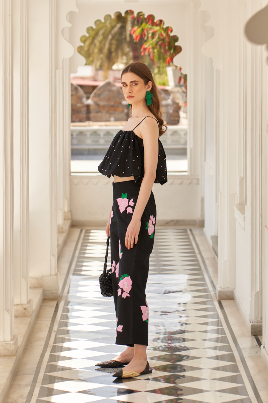 LA FLOR BLACK COLOR LINEN KNOT EMBROIDERY CROP BALLOON TOP WITH  BOUGAINVILLEA CHUNKY HAND EMBROIDERED PANTS