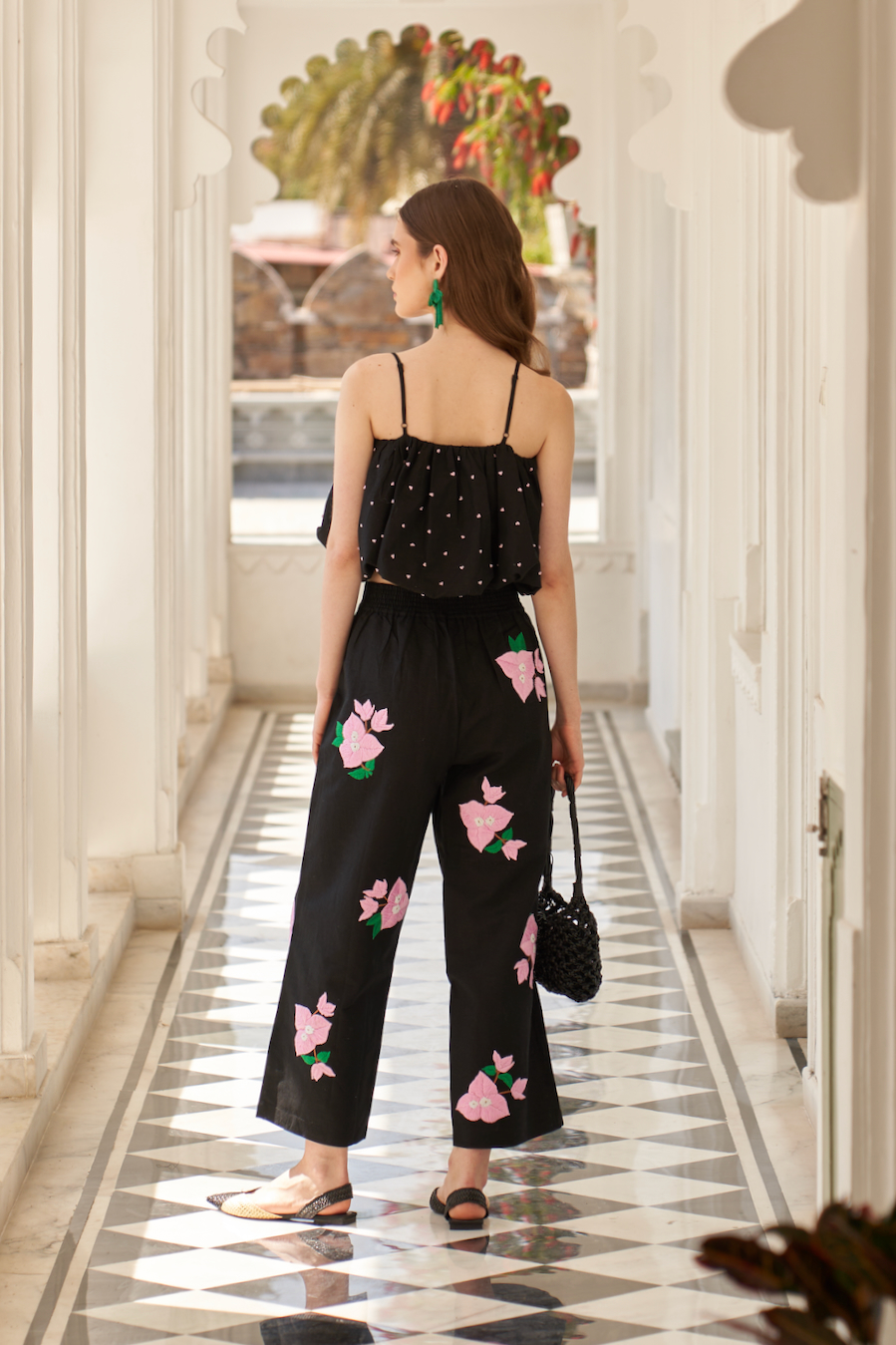 LA FLOR BLACK COLOR LINEN KNOT EMBROIDERY CROP BALLOON TOP WITH BOUGAINVILLEA CHUNKY HAND EMBROIDERED PANTS