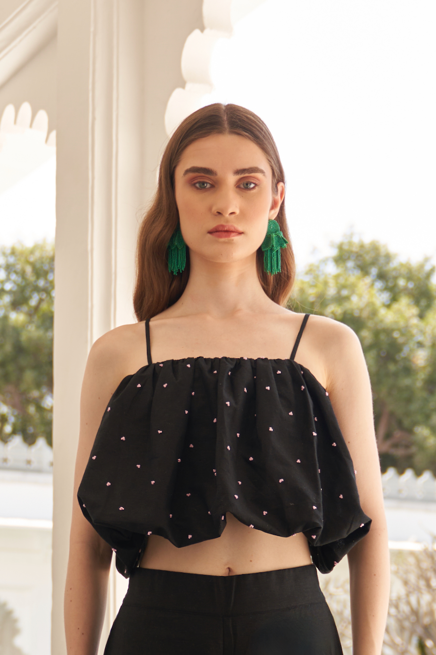 LA FLOR BLACK COLOR LINEN FABRIC CROPPED LENGTH BALLOON TOP WITH HAND CRAFTED KNOT EMBROIDERY ALL OVER