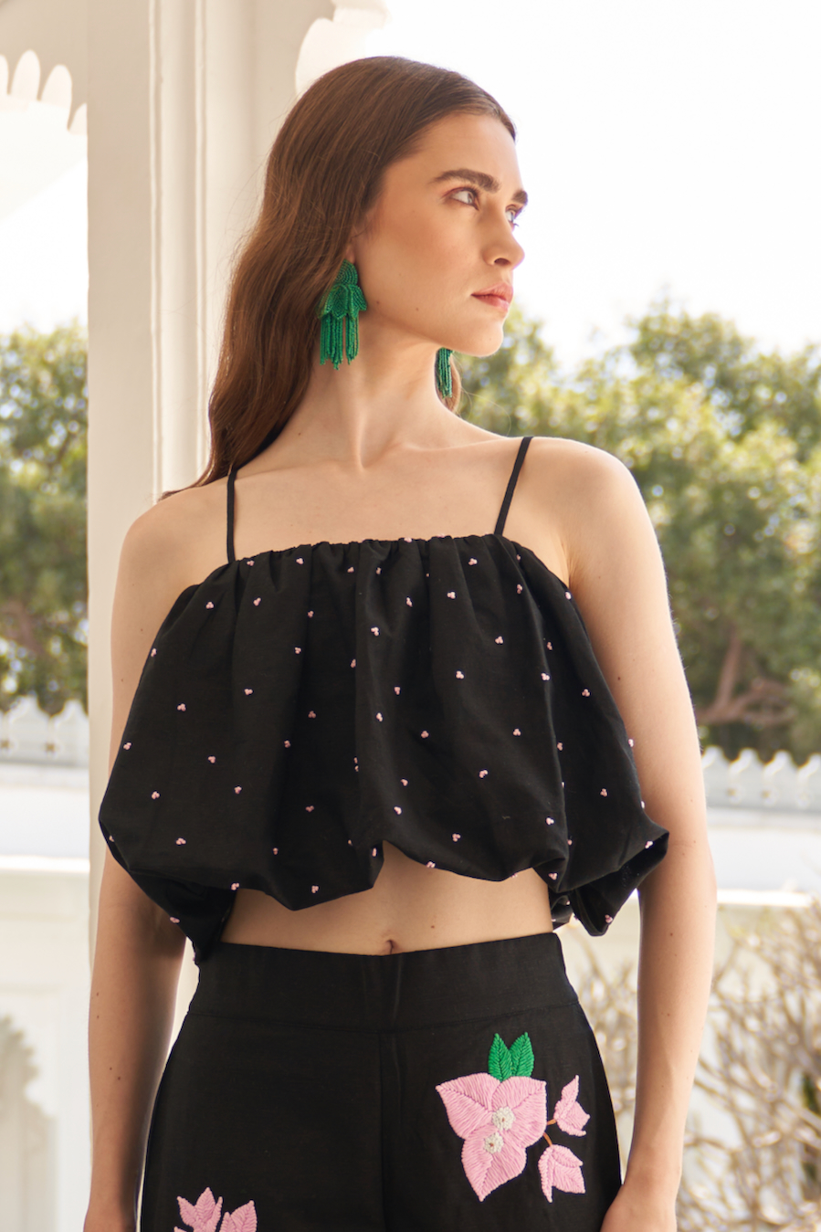 LA FLOR BLACK COLOR LINEN FABRIC CROPPED LENGTH BALLOON TOP WITH HAND CRAFTED KNOT EMBROIDERY ALL OVER