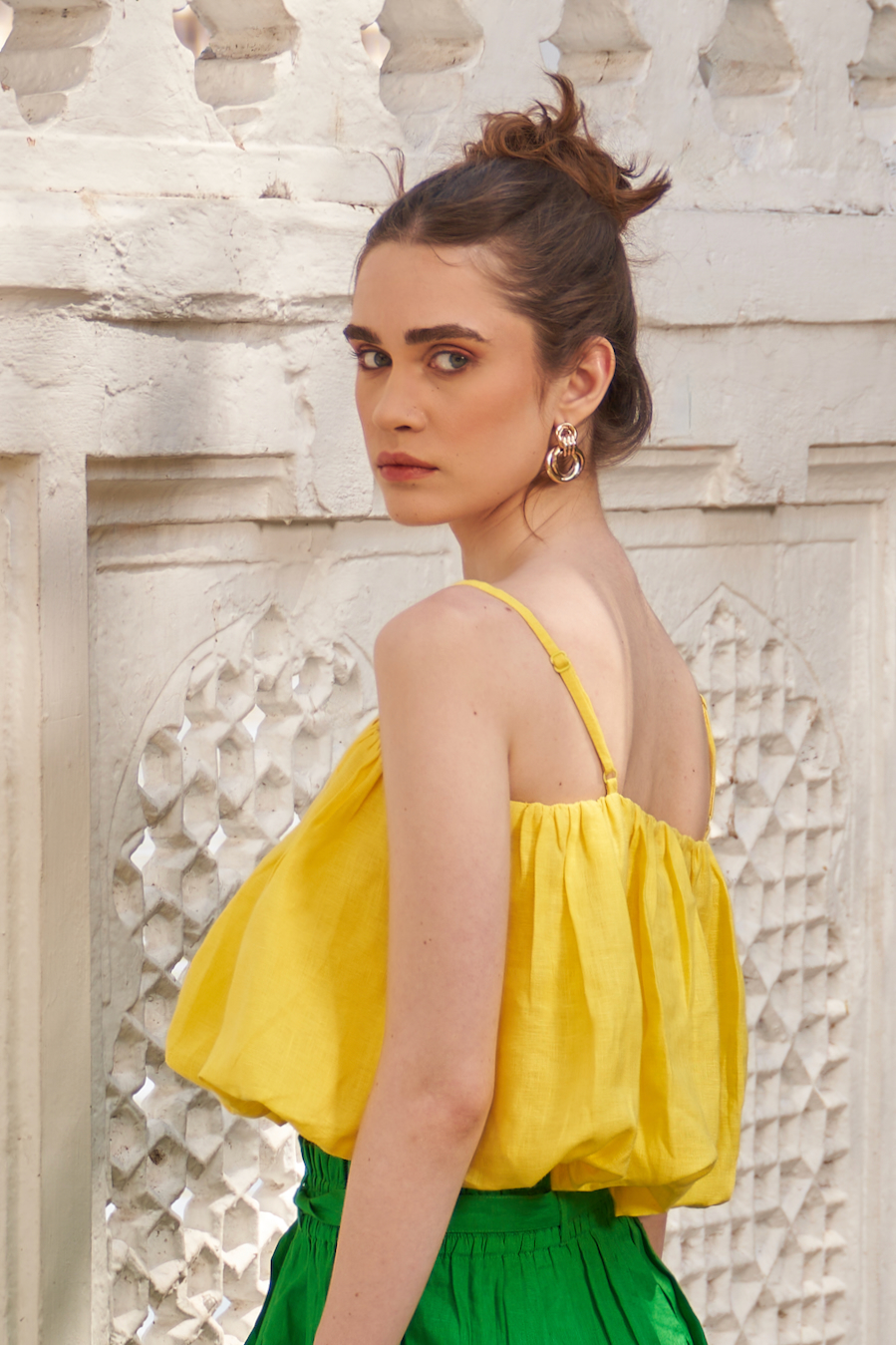 LA FLOR SOLID YELLOW COLOR LINEN FABRIC CROPPED LENGTH BALLOON TOP WITH ADJUSTABLE STRAPS