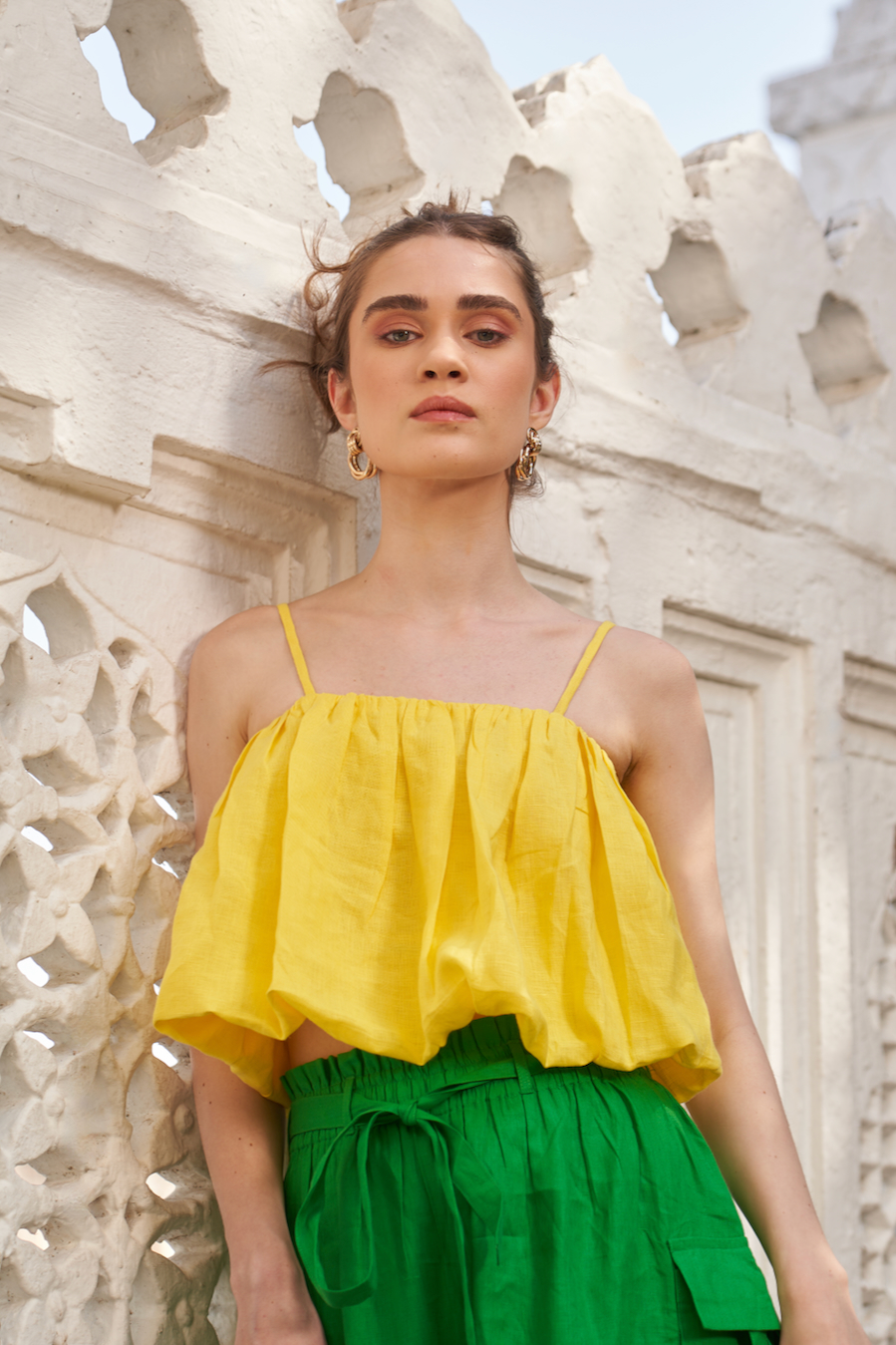 LA FLOR SOLID YELLOW LINEN FABRIC BALLOON TOP AND SOLID GREEN COLOR LINEN FABRIC CARGO PANTS CO-ORDINATE