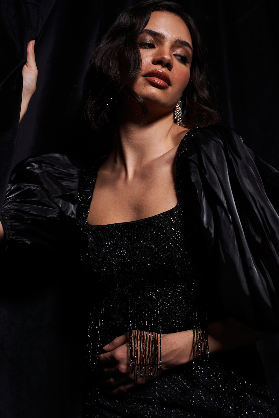 LEILA BLACK GALAXY KNITS BODYCON MIDI LENGTH DRESS WITH GLISTENING GLASS BEADS HAND EMBROIDERY AND FUILD ORGANZA SLEEVES