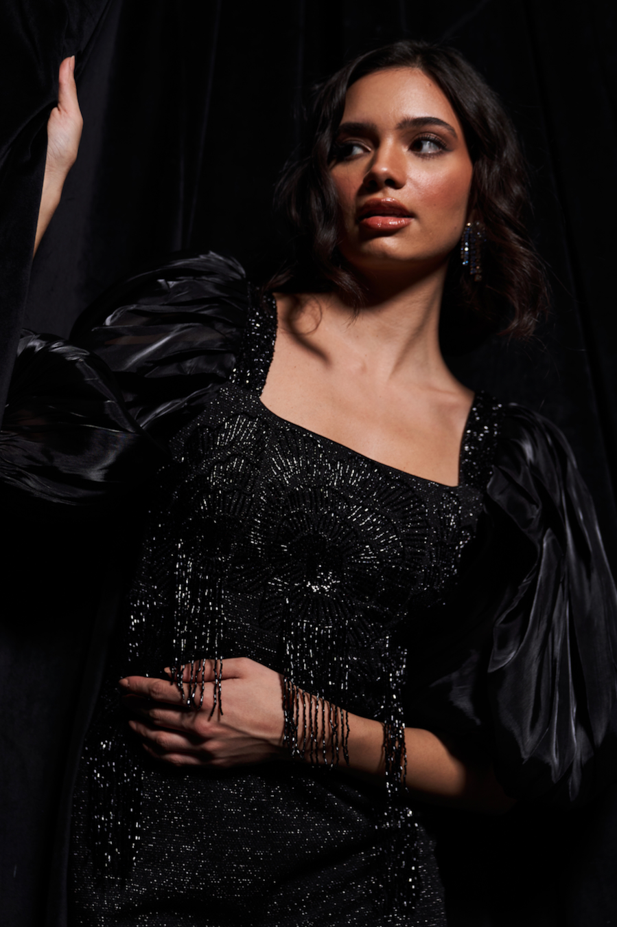 LEILA BLACK GALAXY KNITS BODYCON MIDI LENGTH DRESS WITH GLISTENING GLASS BEADS HAND EMBROIDERY AND FUILD ORGANZA SLEEVES