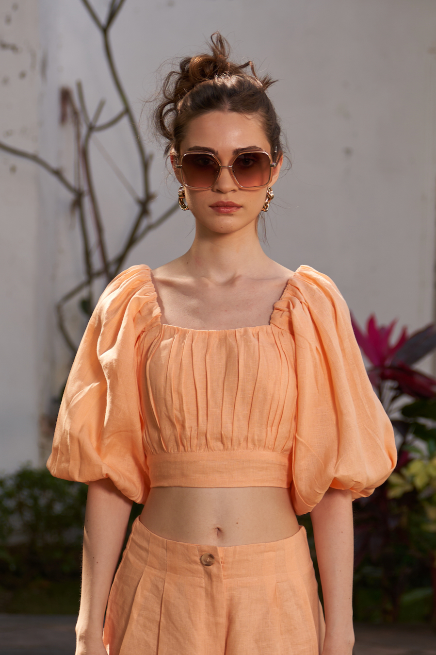 LA FLOR SOLID PEACH COLOR LINEN FABRIC CROPPED LENGTH TOP WITH ATTACHED CUPS AND FULL LENGTH PANTS CO-ORDINATE