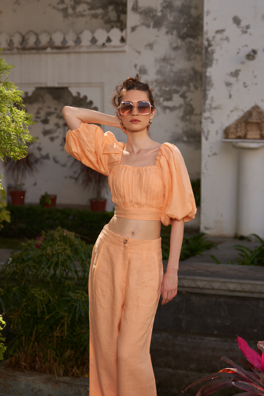 LA FLOR SOLID PEACH COLOR LINEN FABRIC CROPPED LENGTH TOP WITH ATTACHED CUPS AND FULL LENGTH PANTS CO-ORDINATE