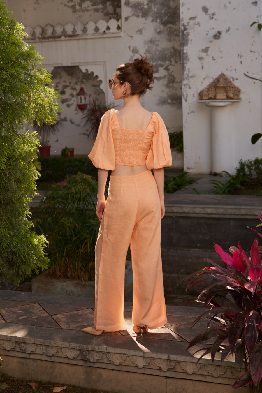 LA FLOR SOLID PEACH COLOR LINEN FABRIC CROPPED LENGTH TOP WITH ATTACHED CUPS AND FULL LENGTH PANTS CO-ORDINATE