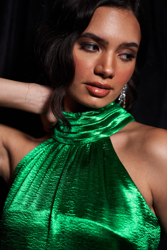 LEILA EMERALD GREEN KNEE LENGTH SLEEVELESS DRESS WITH BACK NECK TIE AND GLISTENING GLASS BEADS HAND EMBROIDERY HEM