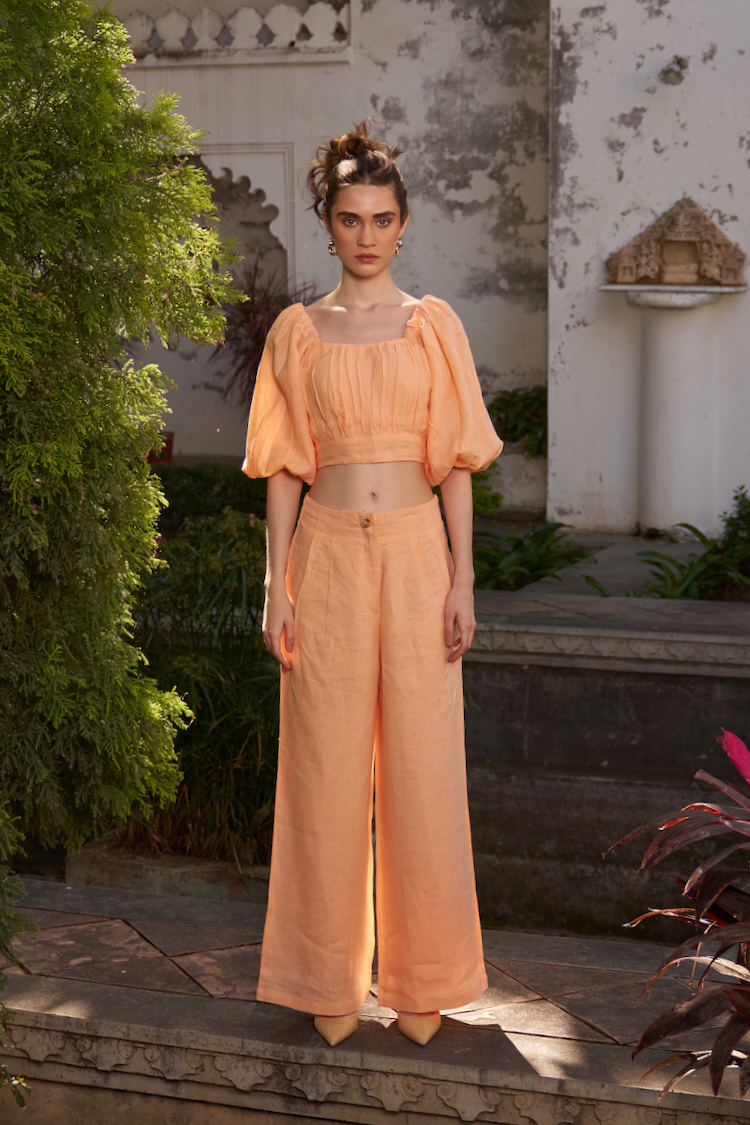 LA FLOR SOLID PEACH COLOR LINEN FABRIC CROPPED LENGTH TOP WITH ATTACHED CUPS AND FULL LENGTH PANTS CO-ORDINATE