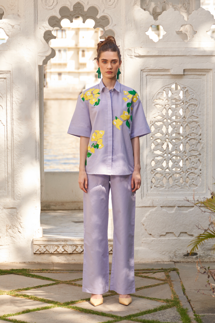 LA FLOR BOUGAINVILLEA CHUNKY HAND EMBROIDERED LILAC COLOR LINEN FABRIC BUSHIRT AND PANTS CO-ORDINATE