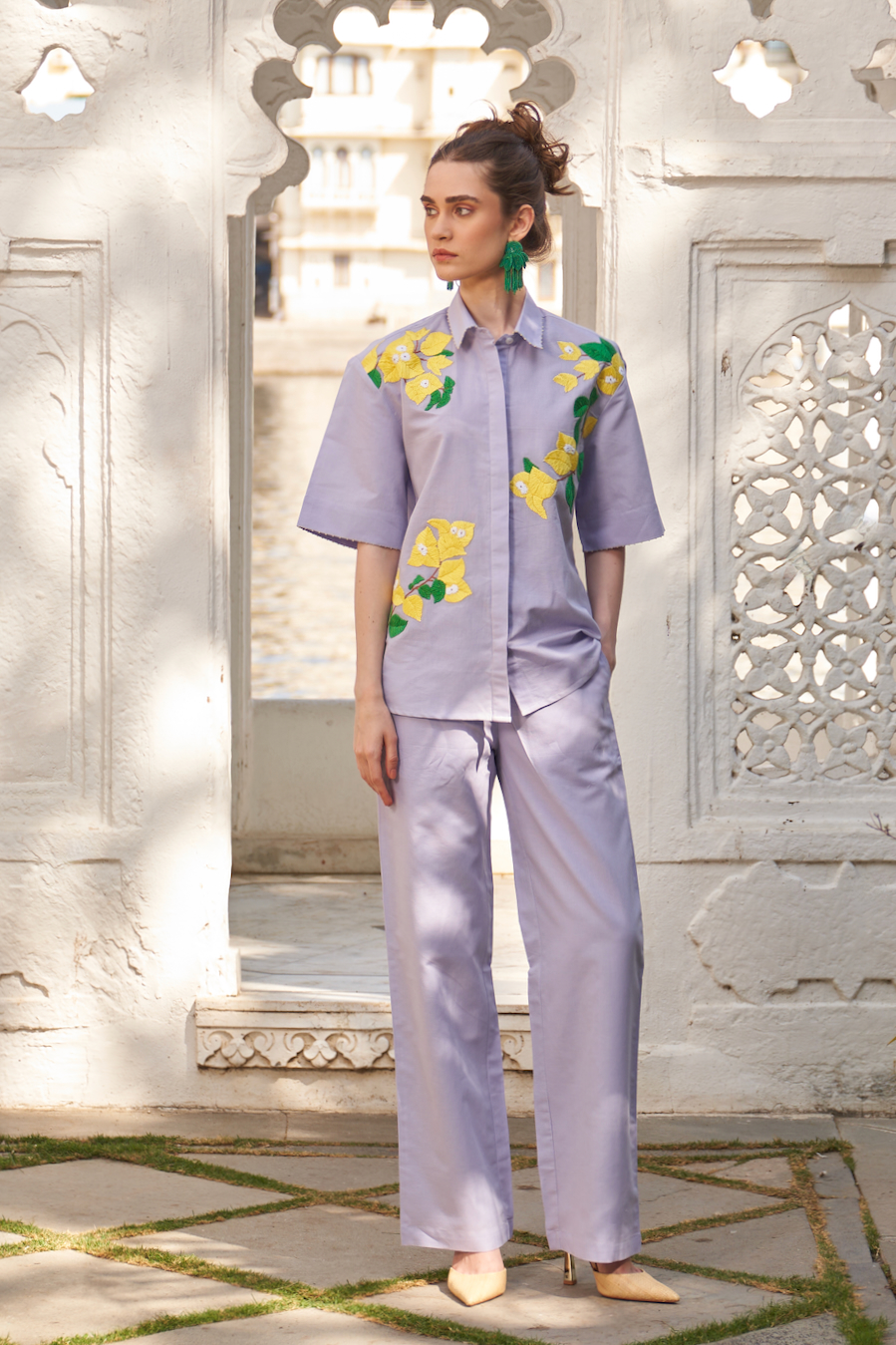 LA FLOR BOUGAINVILLEA CHUNKY HAND EMBROIDERED LILAC COLOR LINEN FABRIC BUSHIRT AND PANTS CO-ORDINATE