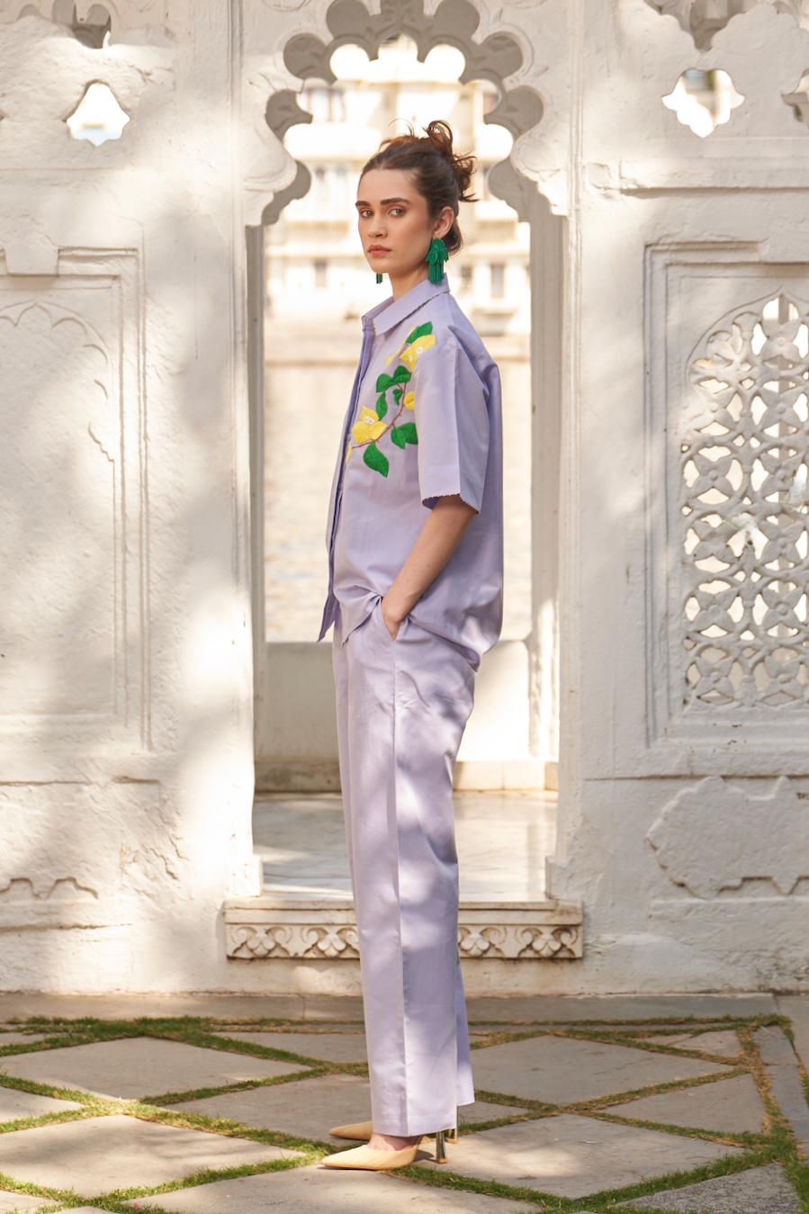 LA FLOR BOUGAINVILLEA CHUNKY HAND EMBROIDERED LILAC COLOR LINEN FABRIC BUSHIRT AND PANTS CO-ORDINATE