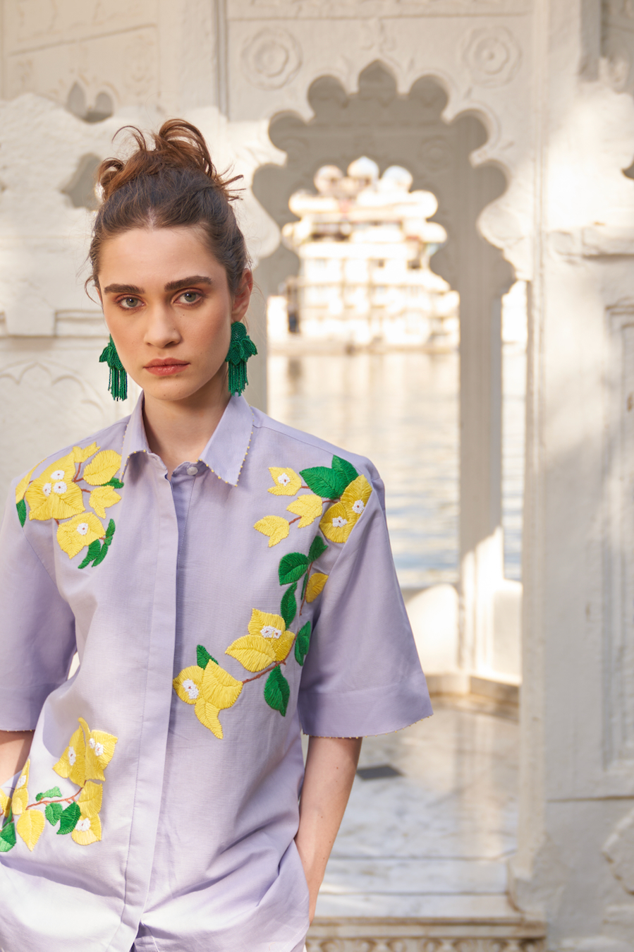 LA FLOR BOUGAINVILLEA CHUNKY HAND EMBROIDERED LILAC COLOR LINEN FABRIC BUSHIRT AND PANTS CO-ORDINATE