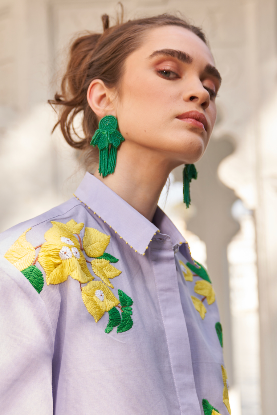 LA FLOR BOUGAINVILLEA CHUNKY HAND EMBROIDERED LILAC COLOR LINEN FABRIC BUSHIRT AND PANTS CO-ORDINATE