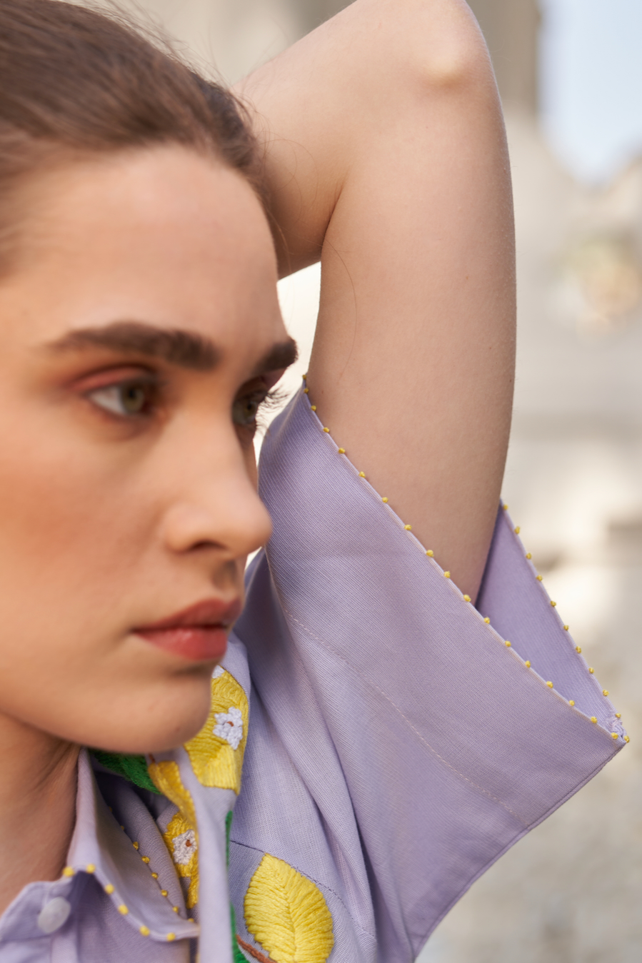 LA FLOR BOUGAINVILLEA CHUNKY HAND EMBROIDERED LILAC COLOR LINEN FABRIC BUSHIRT AND PANTS CO-ORDINATE