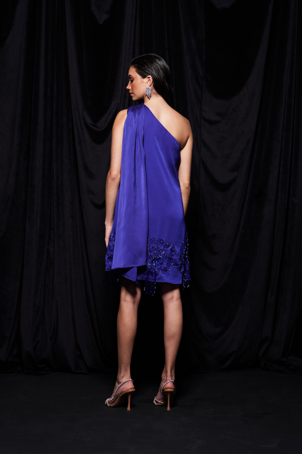 LEILA ELECTRIC BLUE ONE SIDE SHOULDER KNEE LENGTH DRESS WITH TRAIL AND GLISTENING GLASS BEADS HAND EMBROIDERY WORK