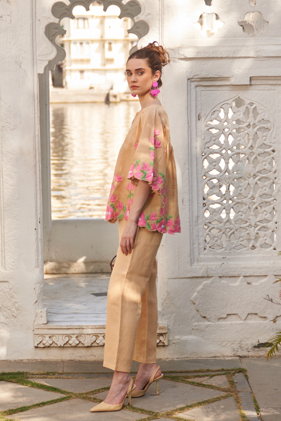 LA FLOR MARSH MARIGOLD COLOR BOUGAINVILLEA CHUNKY HAND EMBROIDERED TOP AND PANTS CO-ORDINATE
