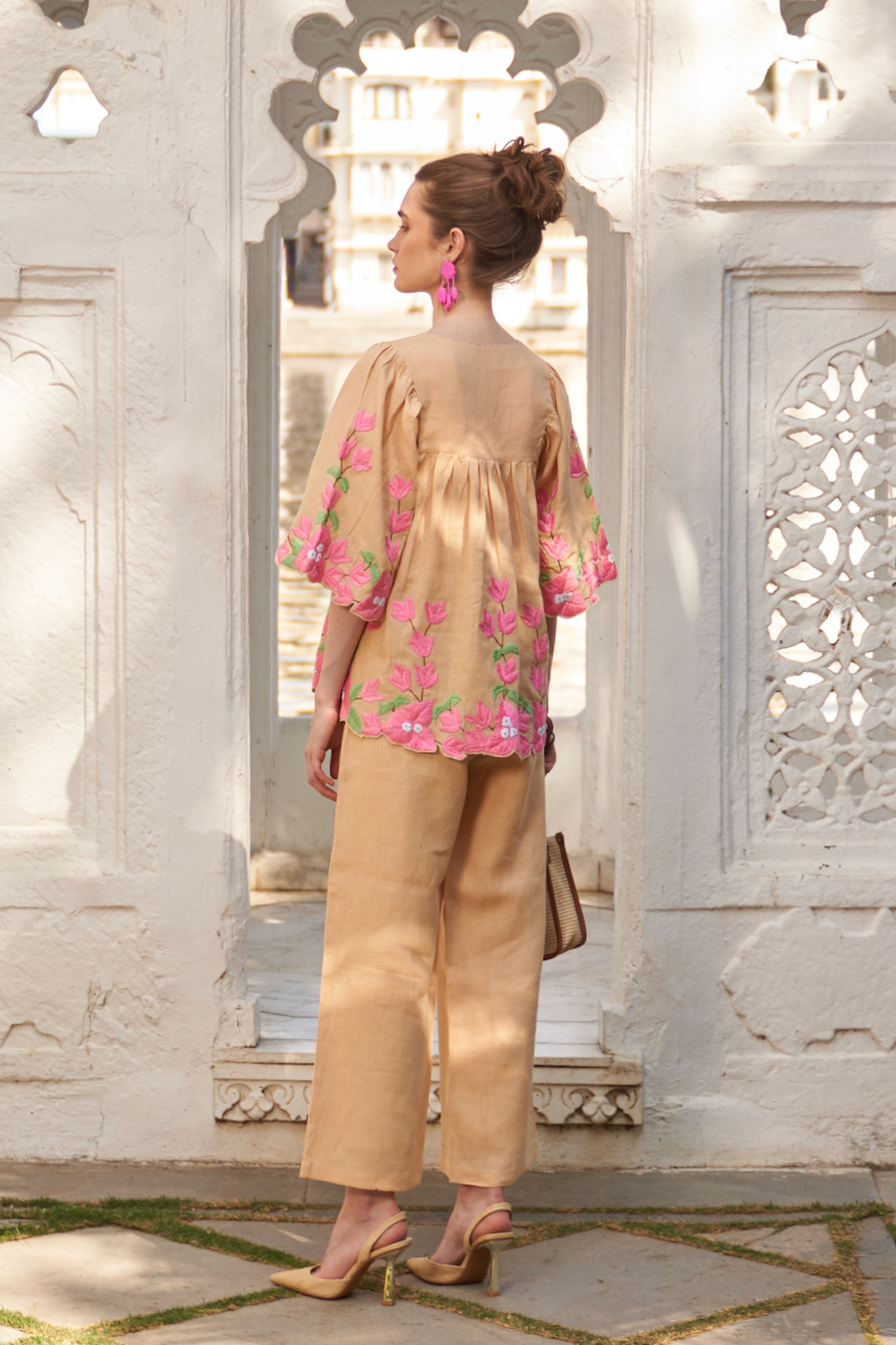 LA FLOR MARSH MARIGOLD COLOR BOUGAINVILLEA CHUNKY HAND EMBROIDERED TOP AND PANTS CO-ORDINATE