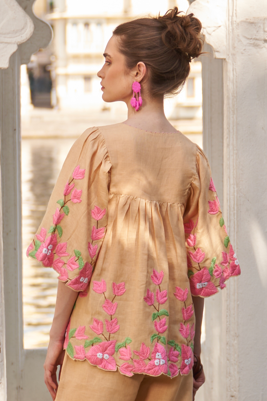 LA FLOR MARSH MARIGOLD COLOR BOUGAINVILLEA CHUNKY HAND EMBROIDERED LINEN FABRIC ELBOW LENGTH SLEEVES TOP