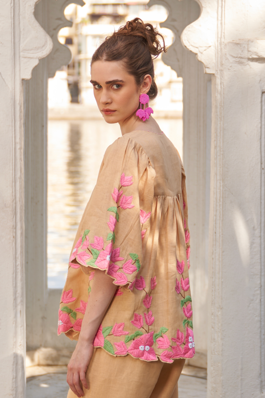 LA FLOR MARSH MARIGOLD COLOR BOUGAINVILLEA CHUNKY HAND EMBROIDERED LINEN FABRIC ELBOW LENGTH SLEEVES TOP