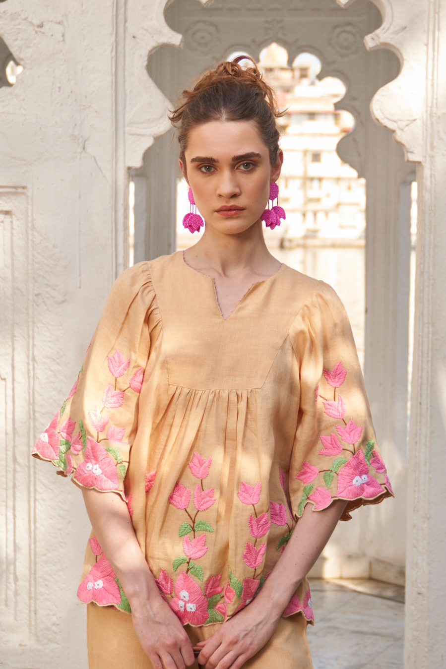 LA FLOR MARSH MARIGOLD COLOR BOUGAINVILLEA CHUNKY HAND EMBROIDERED LINEN FABRIC ELBOW LENGTH SLEEVES TOP