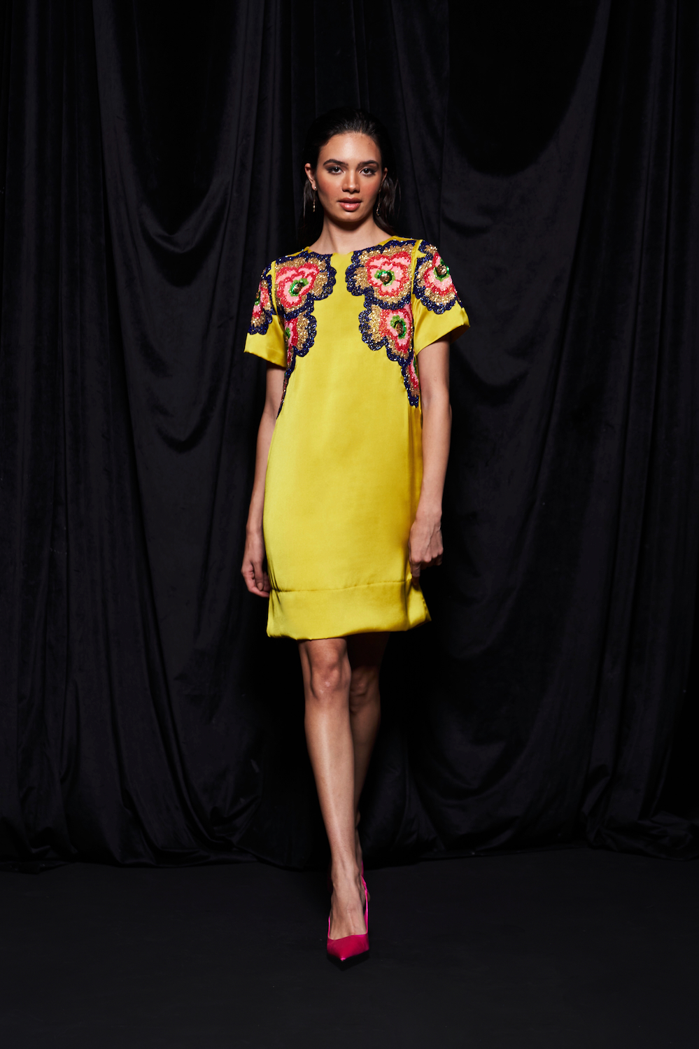LEILA YELLOW COLOR TWILL SATIN STRAIGHT KNEE LENGTH DRESS WITH MULTI COLOR BEADS PLACEMENT HAND EMBROIDERY