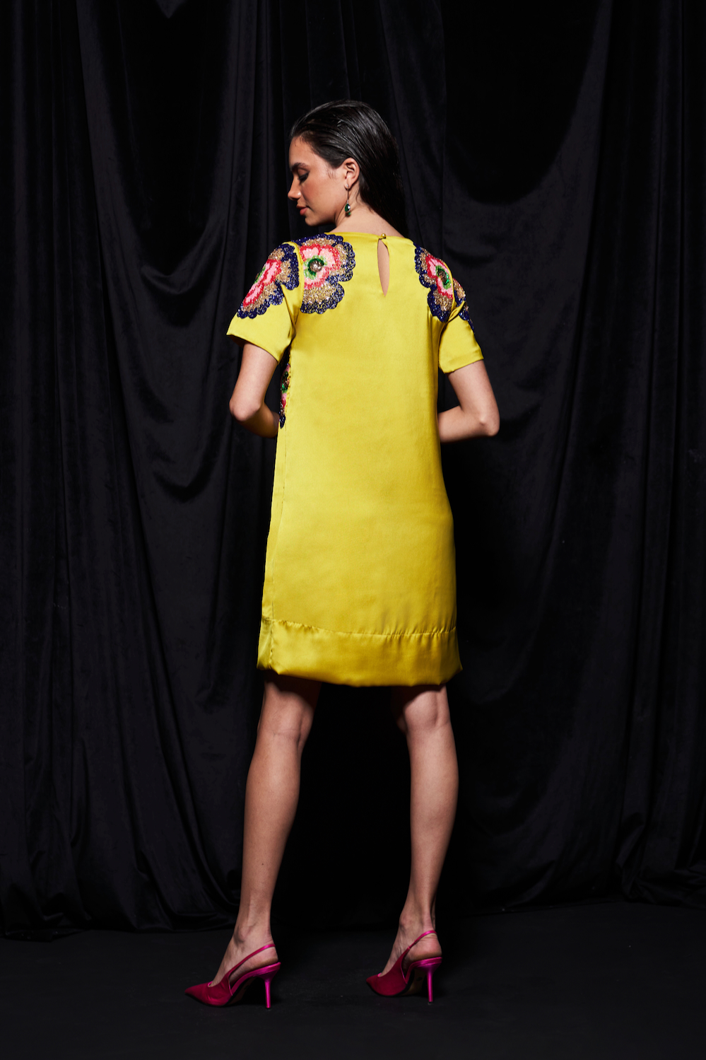LEILA YELLOW COLOR TWILL SATIN STRAIGHT KNEE LENGTH DRESS WITH MULTI COLOR BEADS PLACEMENT HAND EMBROIDERY