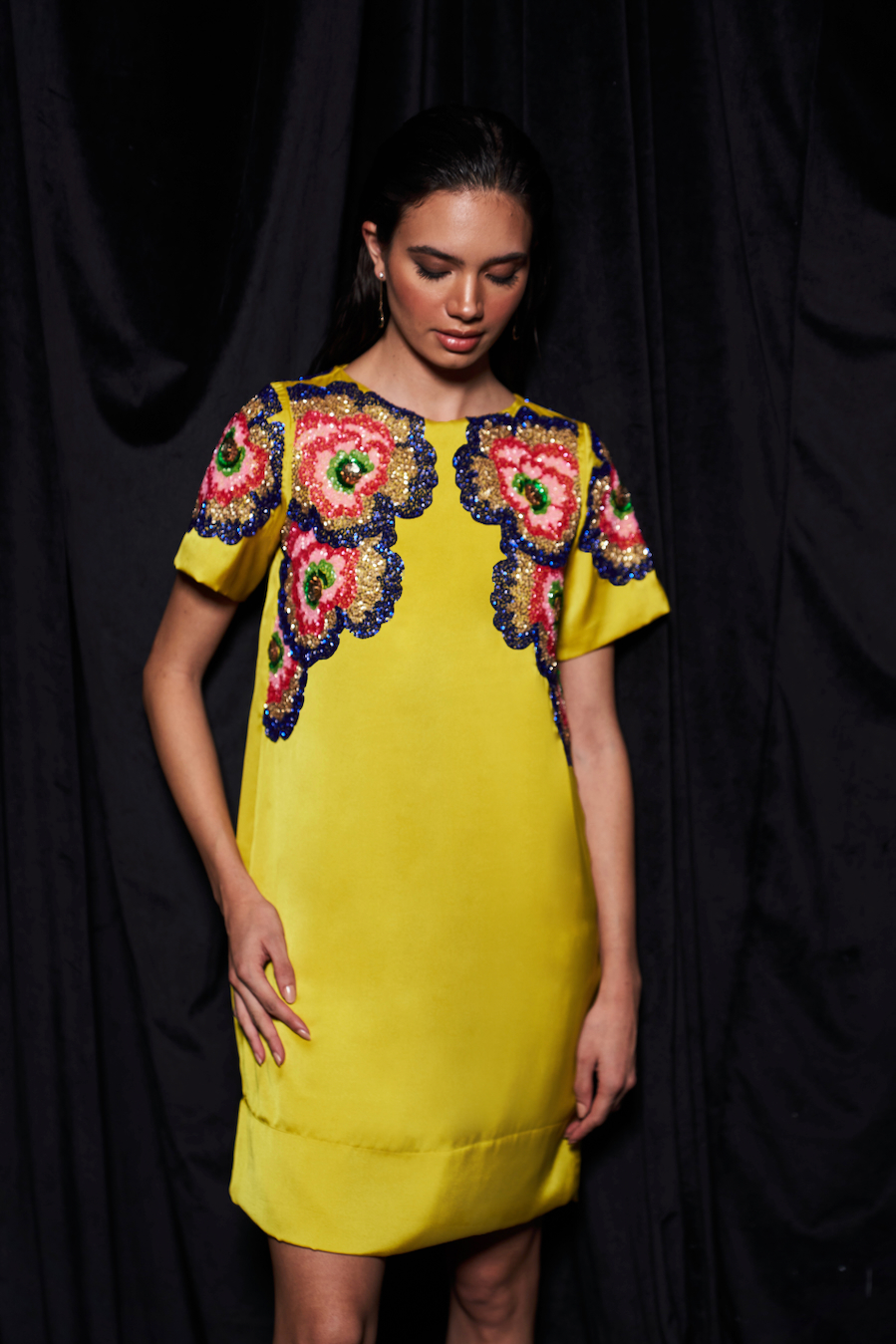 LEILA YELLOW COLOR TWILL SATIN STRAIGHT KNEE LENGTH DRESS WITH MULTI COLOR BEADS PLACEMENT HAND EMBROIDERY