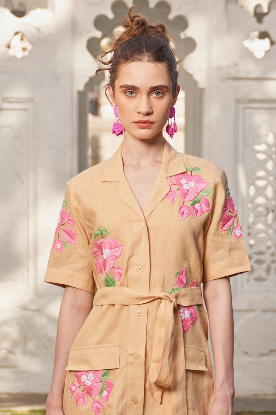 LA FLOR MARSH MARIGOLD BOUGAINVILLEA CHUNKY HAND EMBROIDERED LINEN FABRIC KNEE LENGTH SHIRT DRESS WITH SASH