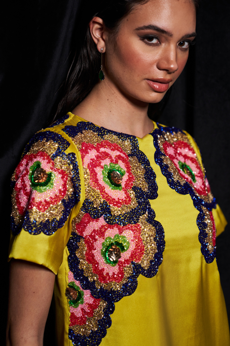 LEILA YELLOW COLOR TWILL SATIN STRAIGHT KNEE LENGTH DRESS WITH MULTI COLOR BEADS PLACEMENT HAND EMBROIDERY