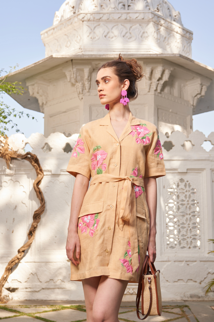 LA FLOR MARSH MARIGOLD BOUGAINVILLEA CHUNKY HAND EMBROIDERED LINEN FABRIC KNEE LENGTH SHIRT DRESS WITH SASH