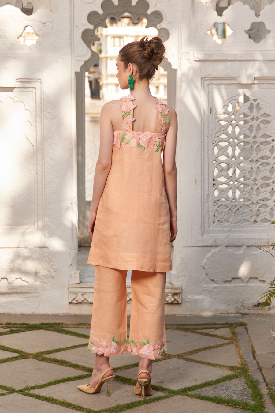LA FLOR PEACH COLOR BOUGAINVILLEA CHUNKY HAND EMBROIDERED LINEN FABRIC HALTER NECK TUNIC AND PANTS CO-ORDINATE