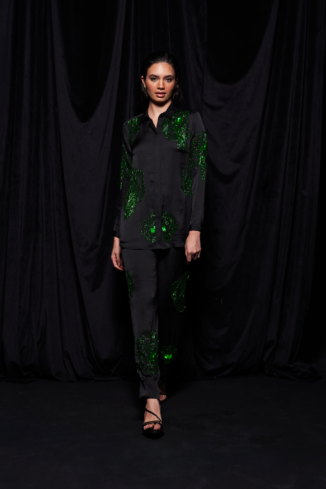 LEILA BLACK TEXTURED SATIN COLLARED SHIRT AND STRAIGHT PANTS CO-ORDINATE WITH GREEN GLISTENING GLASS HAND EMBROIDERY