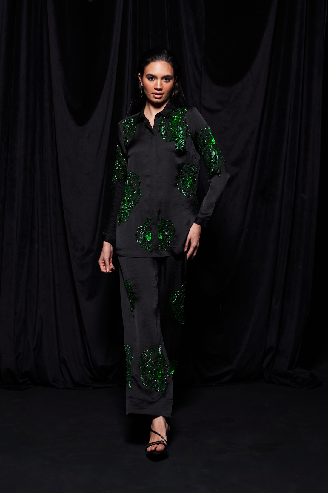 LEILA BLACK TEXTURED SATIN COLLARED SHIRT AND STRAIGHT PANTS CO-ORDINATE WITH GREEN GLISTENING GLASS HAND EMBROIDERY