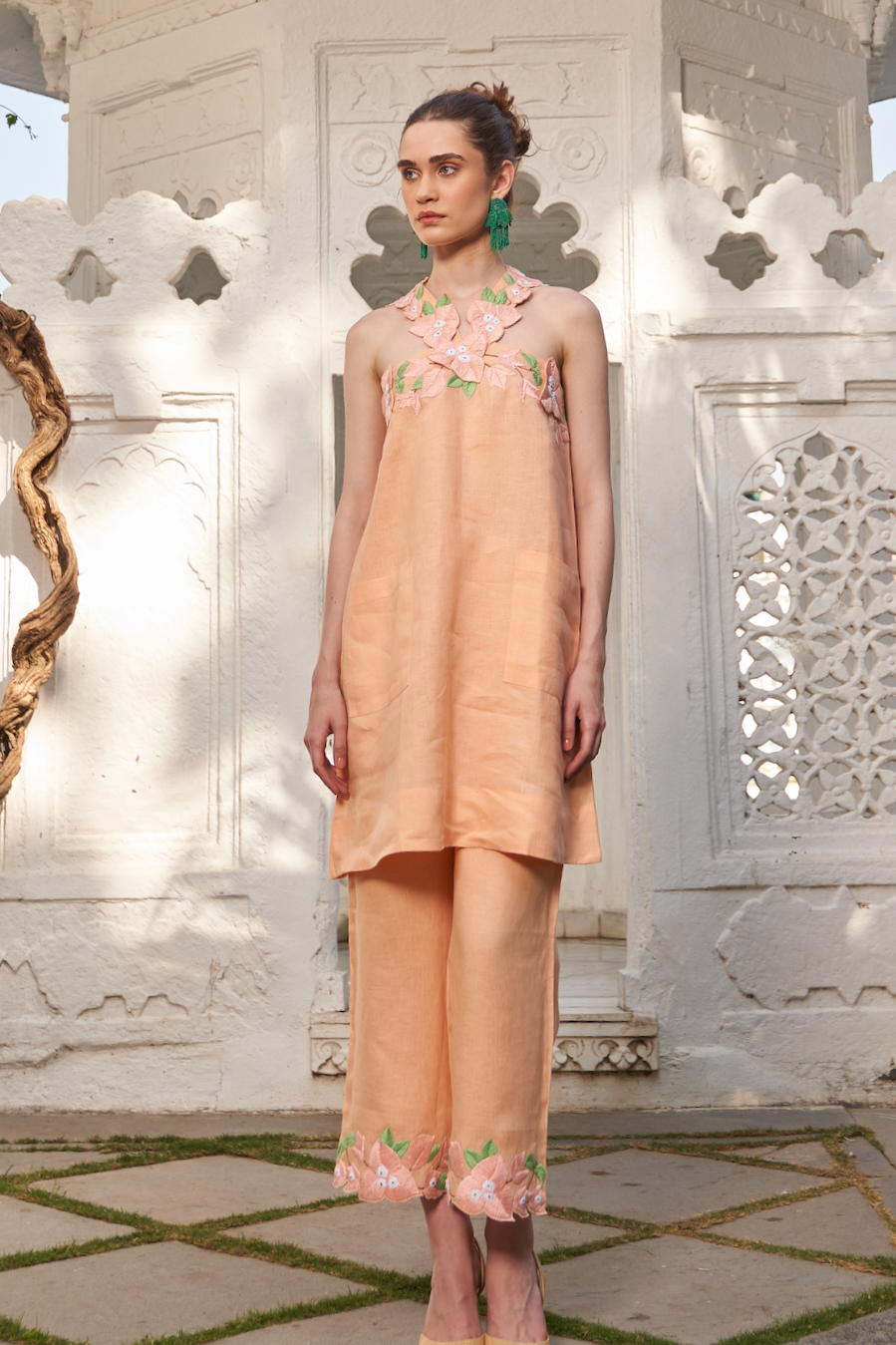 LA FLOR PEACH COLOR BOUGAINVILLEA CHUNKY HAND EMBROIDERED LINEN FABRIC HALTER NECK TUNIC AND PANTS CO-ORDINATE