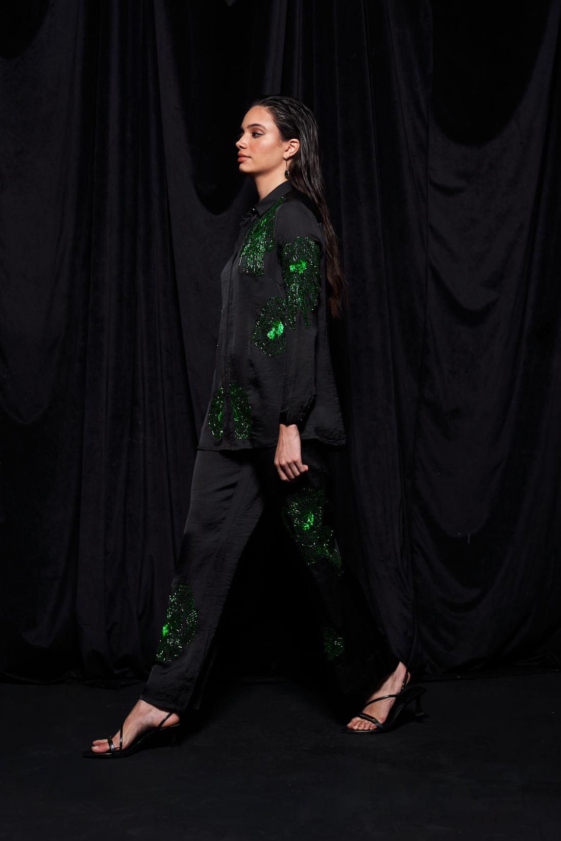 LEILA BLACK TEXTURED SATIN COLLARED SHIRT AND STRAIGHT PANTS CO-ORDINATE WITH GREEN GLISTENING GLASS HAND EMBROIDERY