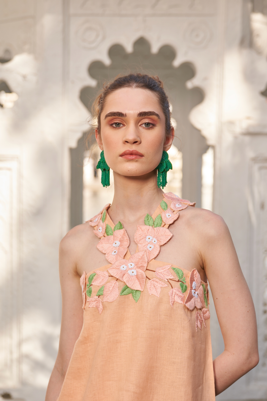 LA FLOR PEACH COLOR BOUGAINVILLEA CHUNKY HAND EMBROIDERED LINEN FABRIC HALTER NECK TUNIC AND PANTS CO-ORDINATE