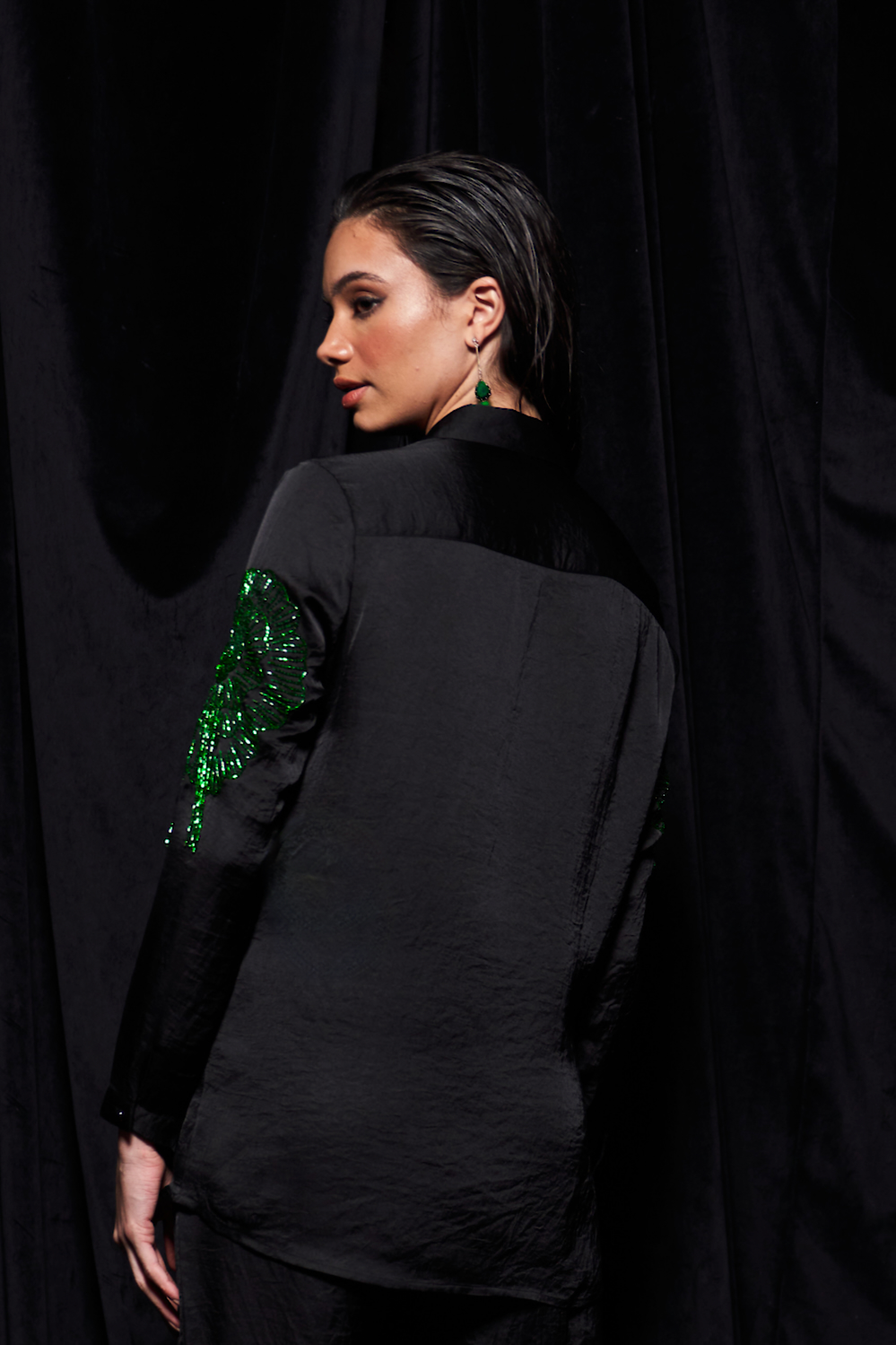 LEILA BLACK COLOR TEXTURED SATIN COLLARED FULL LENGTH SLEEVES PARTY SHIRT WITH GREEN GLISTENING GLASS BEADS EMBROIDERY