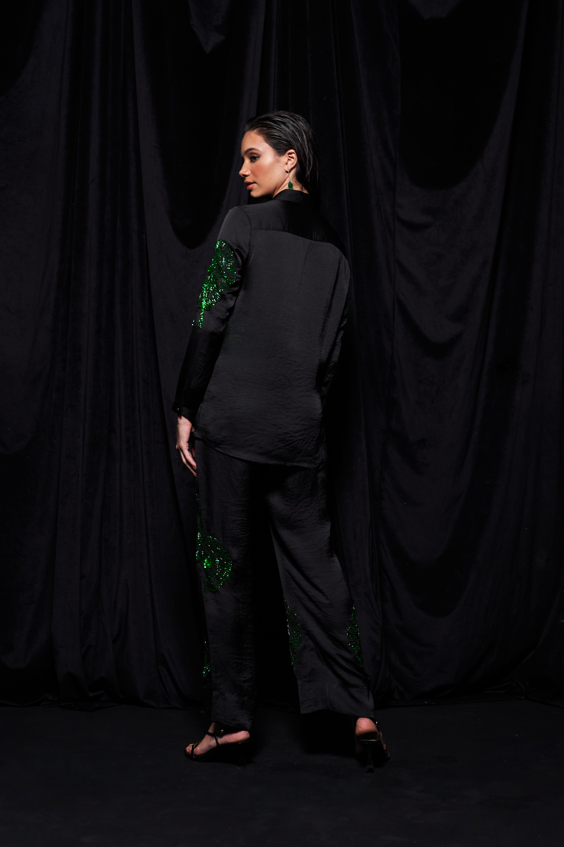 LEILA BLACK TEXTURED SATIN COLLARED SHIRT AND STRAIGHT PANTS CO-ORDINATE WITH GREEN GLISTENING GLASS HAND EMBROIDERY