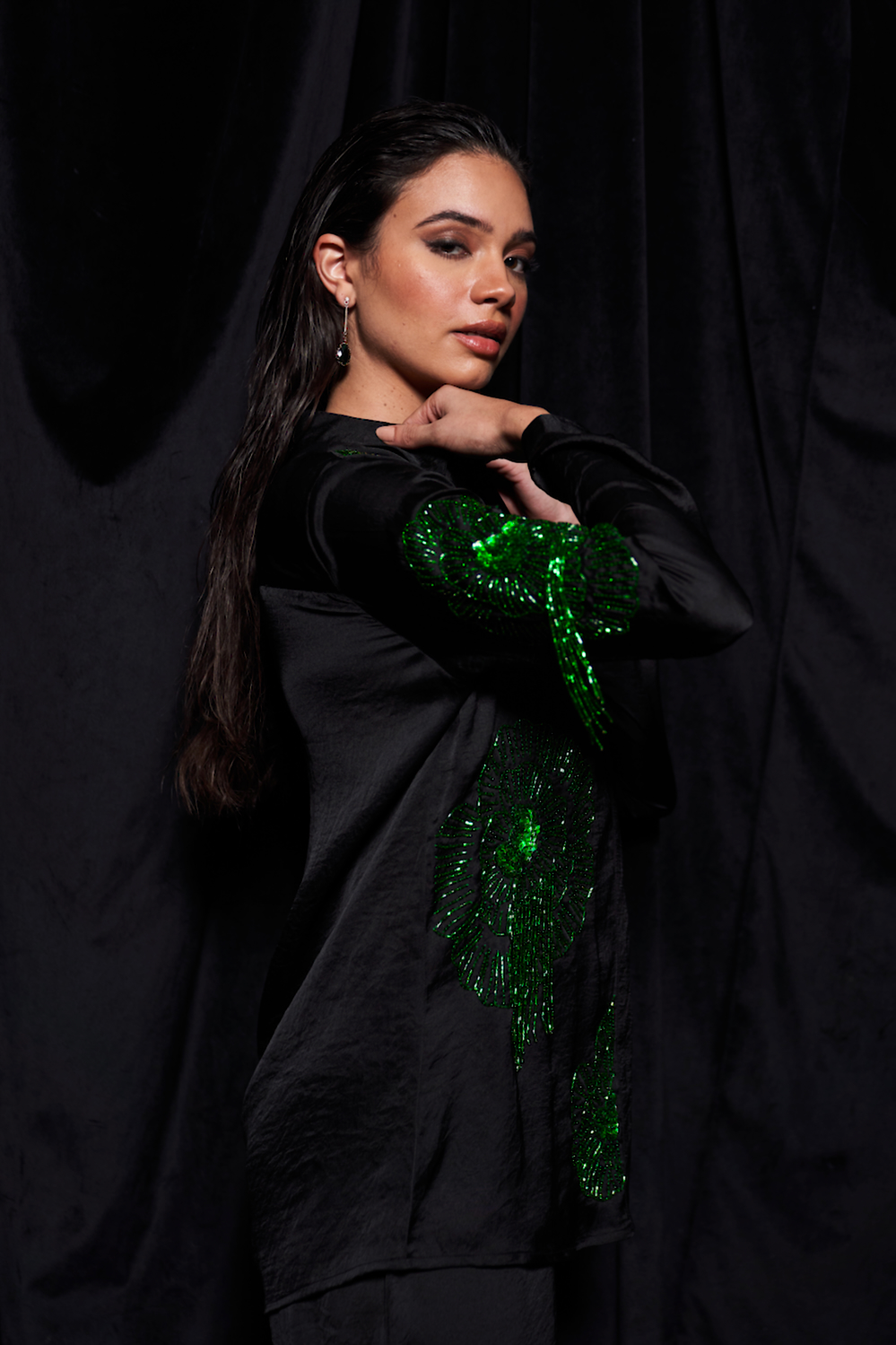 LEILA BLACK COLOR TEXTURED SATIN COLLARED FULL LENGTH SLEEVES PARTY SHIRT WITH GREEN GLISTENING GLASS BEADS EMBROIDERY
