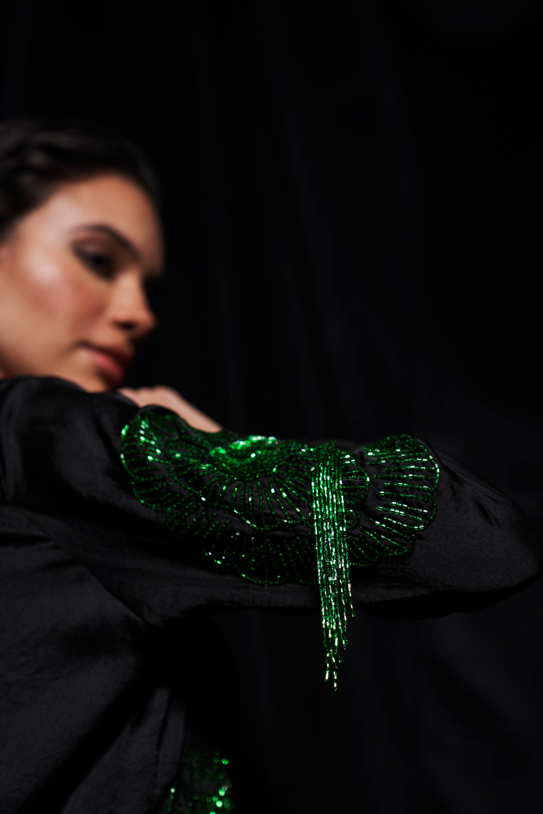 LEILA BLACK COLOR TEXTURED SATIN COLLARED FULL LENGTH SLEEVES PARTY SHIRT WITH GREEN GLISTENING GLASS BEADS EMBROIDERY